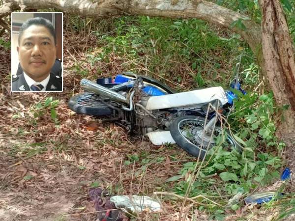 Keadaan motosikal dinaiki tiga sekawan yang melanggar pokok di bahu jalan selepas kenderaan itu hilang kawalan. - Foto Ihsan IPD Dungun
Gambar kecil: Baharudin