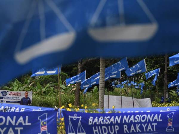 Bendera BN mula memenuhi kawasan Bandar Dara Chini ketika kempen bagi Pilihan Raya Kecil (PRK) Dewan Undangan Negeri (DUN) Chini. - Foto Bernama