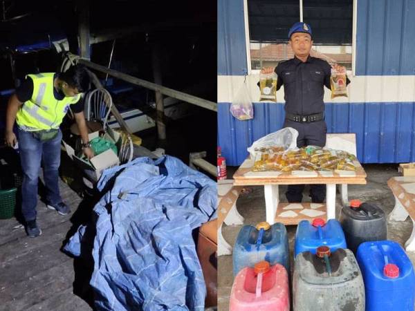 Sebahagian barangan rampas Pasukan Polis Marin Wilayah Satu Langkawi dalam Op Benteng Covid di Pelantar Ikan Persisiran Pantai Kuala Perlis dalam Op Benteng Covid, semalam.