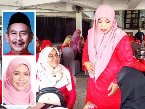 Halimaton Saadiah (kanan) menyantuni ahli Srikandi pada sesi ramah mesra bersama Srikandi Bersatu Bahagian Kubang Pasu di Kelab Golf Darulaman, Alor Setar hari ini. (Gambar kecil: Juhari Bulat, Norsabrina Mohd Noor)