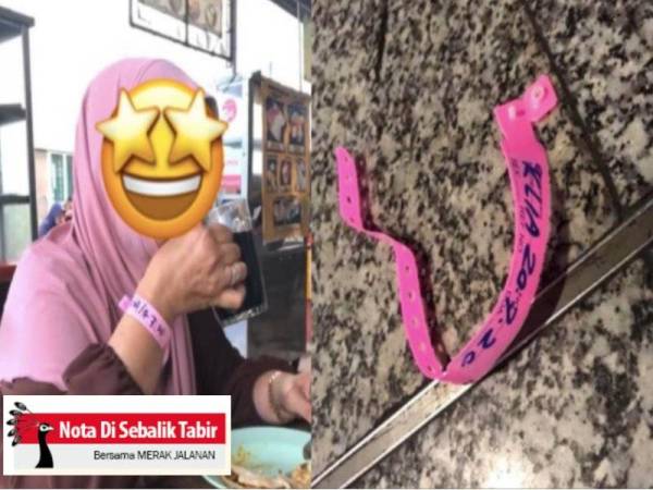 Tular gambar wanita memakai gelang kuarantin Covid-19 sedang makan di restoran di Perak. Kemudian, muncul pula foto tag merah jambu ditemui di atas lantai KLIA.