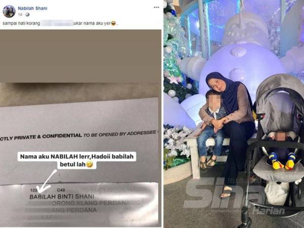 Nabilah terkejut menerima sepucuk surat kerana berlaku kesilapan ejaan namanya hingga menjadi bualan hangat warganet. Gambar kecil: Nabilah bersama dua anaknya.