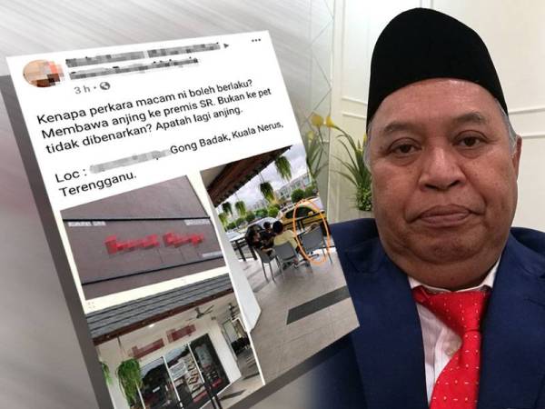 Tangkap layar status tular yang dimuat naik pengguna media sosial mengenai isu melibatkan pengunjung membawa anjing ke sebuah premis makanan di daerah Kuala Nerus. Gambar kanan: Mat Azmi