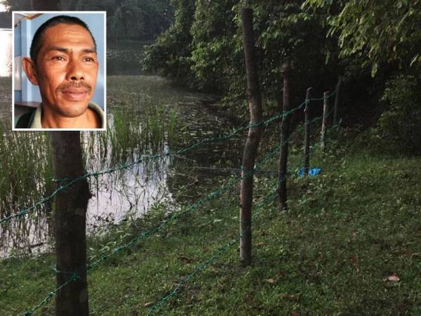 Salah satu bekas lombong yang dipercayai telah dipagar oleh peneroka haram bagi menghalang nelayan darat menangkap ikan di kawasan Sungai Galah. Gambar kecil: Suhaimi