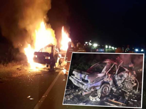 Kenderaan yang terbakar dalam nahas jalan raya di Jalan Genuang-Tenang dekat Kampung Melayu Raya di sini malam tadi. - Foto ihsan bomba