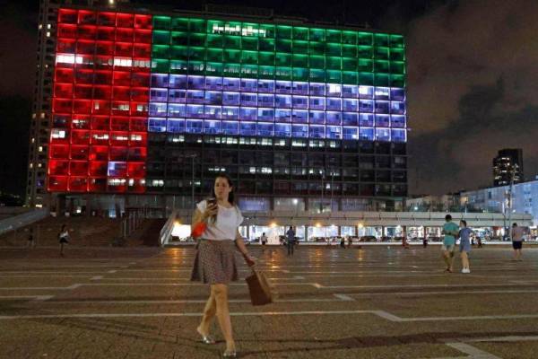 Dewan Perbandaran di Tel Aviv menyalakan lampu mewakili warna bendera kebangsaan UAE selepas memeterai perjanjian damai dengan negara itu pada Khamis lalu. - Foto: AFP