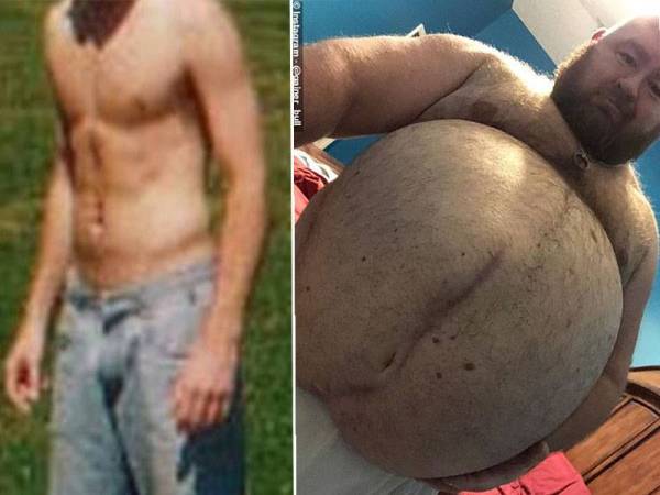 Bryan (sebelum) mengalami berat badan obesiti. Gambar kanan: Bryan mengalami berat badan obesiti dan perut buncitnya menarik perhatian ramai.