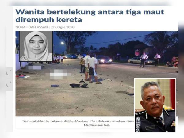 Sabtu lalu, tiga individu maut dalam kejadian tersebut melibatkan pasangan suami isteri K Thamotharan, 44, dan S Ramadevi, 38, dan pejalan kaki, Noraniza Mohamed Amin, 42. 