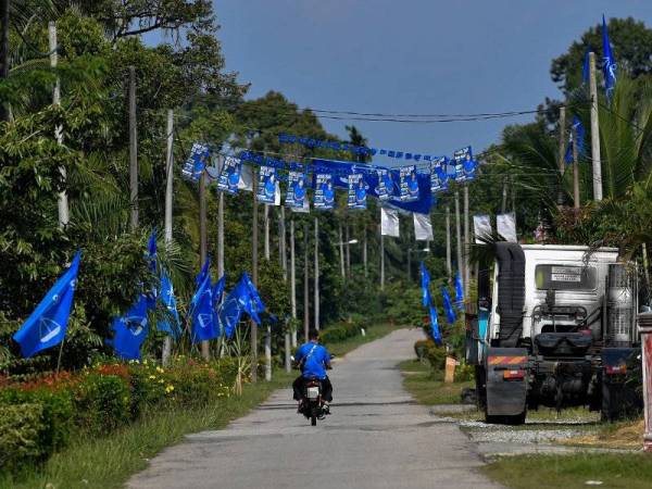 Suasana meriah di sebuah kampung yang dipenuhi bendera dan poster ketika tinjauan sempena kempen PRK DUN Slim di sekitar Kampung Gunung Besout. - Foto Bernama