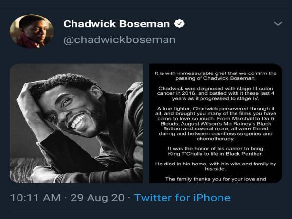 Twitter rasminya, @Chadwick Boseman berkongsi berita sedih pemergian mendiang