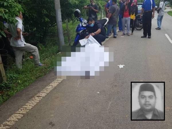 Mangsa maut selepas motosikal ditunggangnya terbabas ketika cuba mengelak seekor lembu di Jalan Air Pa’abas, di sini, petang semalam. Gambar kecil: Mohd Sharidan