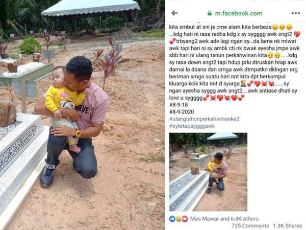 Izrul ketika membawa Annur mengunjungi pusara arwah isterinya di Felda Jengka 19 pada Selasa lalu. Luahan Izrul yang tular.