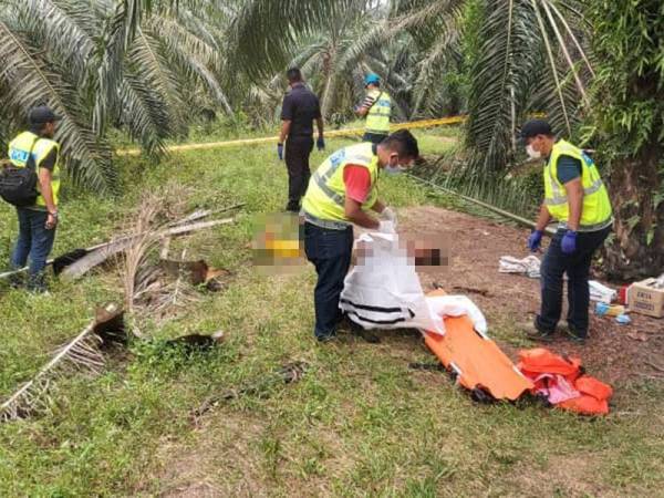 Mayat mangsa ditemui di Ladang Bukit Asahan, Jasin sebelum dihantar ke Hospital Jasin untuk bedah siasat hari ini.