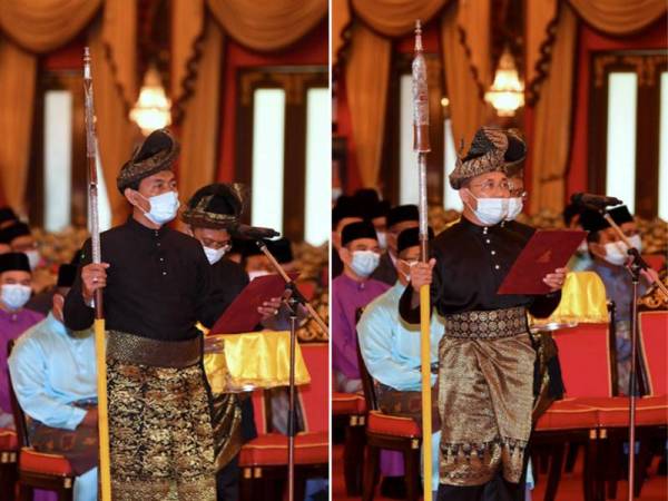 Mohd Zawawi (gambar kiri) dan Borhan (gambar kanan) mengangkat sumpah jawatan serta ikrar aku janji pelantikan Exco Selangor di hadapan Sultan Selangor, Sultan Sharafuddin Idris Shah di Balairung Seri Istana Alam Shah hari ini. - Foto Bernama