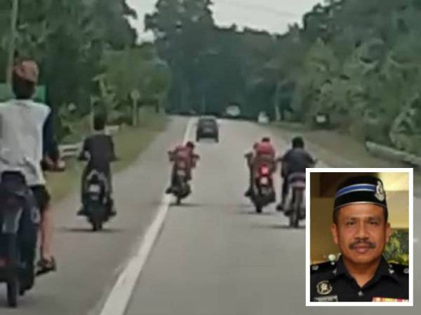 Bukti rakaman menunjukkan aksi sekumpulan penunggang menunggang secara bahaya di Kilometer 17,Jalan Jerantut-Temerloh, kelmarin. (Gambar kecil: Mazlan)