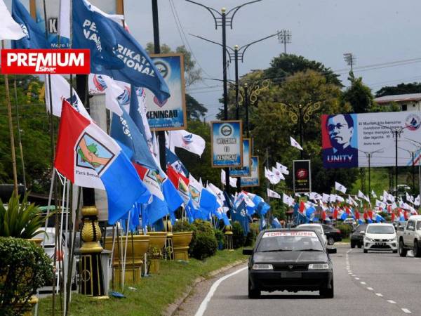 Pemandangan perang bendera antara parti-parti politik yang bertanding seperti BN, PN, Warisan Plus, Parti Cinta Sabah di Keningau. - Foto Bernama