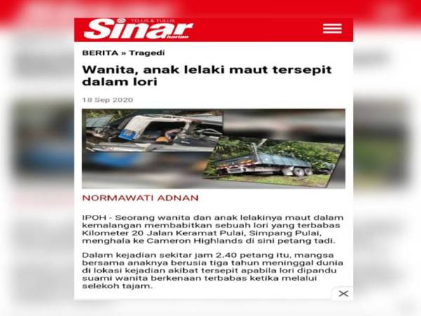 Identiti Dua Beranak Maut Nahas Lori Dikenal Pasti Sinar Harian