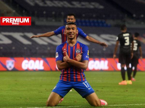 Gaya Ramadhan Saifullah ketika meraikan jaringannya pada CIMB Liga Super 2020 JDT menentang Selangor di Stadium Sultan Ibrahim.