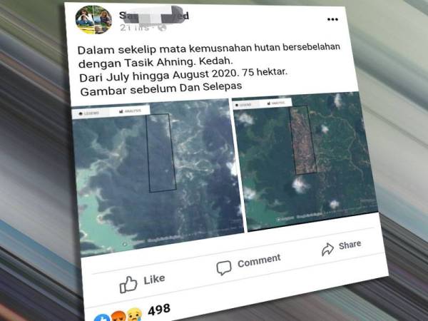 Hantaran di Facebook milik aktivis alam sekitar berkenaan yang mula mendapat perhatian pengguna Facebook sejak semalam.