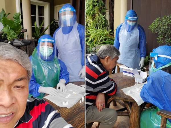 Ahmad Zahid berkongsi foto bersama pegawai KKM yang menjalankan ujian Covid-19 di kediamannya hari ini.