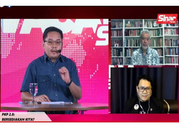 Jomo Kwame (kanan, atas) dan Ahmad Firdaus (kanan, bawah) bersama moderator Ahmad Fahmi sewaktu berlangsungnya Wacana Sinar Harian ke-199 bertajuk PKP 2.0: Bersediakah Kita? yang diadakan secara atas talian malam tadi.