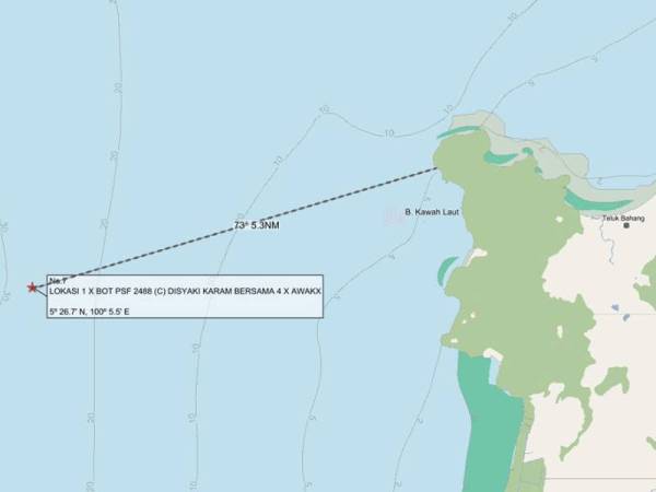 Lokasi bot nelayan yang dilaporkan karam awal pagi tadi.