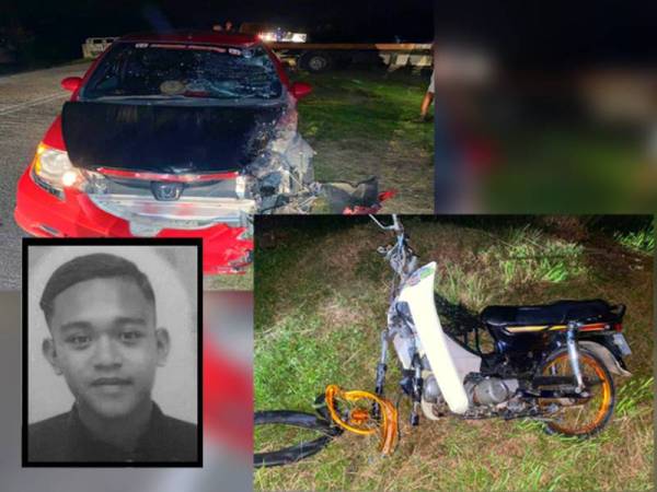 Keadaan motosikal yang ditunggangi mangsa selepas bertembung dengan sebuah kereta di Kilometer 2 Jalan Tasik Pauh-Banir Belikong, Selising, Pasir Puteh. Gambar kecil: Mohamad Daniel Hakim Rosdi