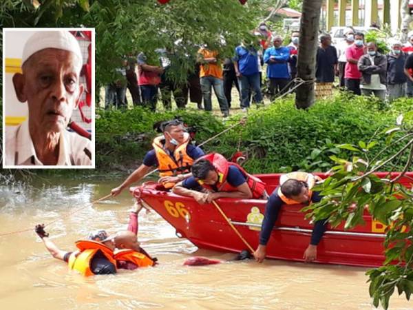 Anggota bomba melakukan proses carian di dasar Sungai Langgar di tempat terakhir mangsa dilihat sebelum tenggelam pagi tadi. Gambar kecil:Ismail Awang