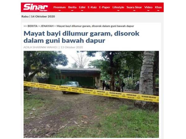 Semalam, Sinar Harian melaporkan, mayat Wan Mohamad Afiq berusia lapan bulan ditemui berbungkus dalam sebuah guni dan disorokkan di rak dapur rumah suspek di Kampung Sungai Dua di sini