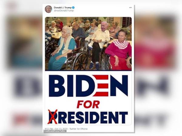 Trump mengejek Biden menerusi ciapan beliau di Twitter semalam. - Foto Agensi