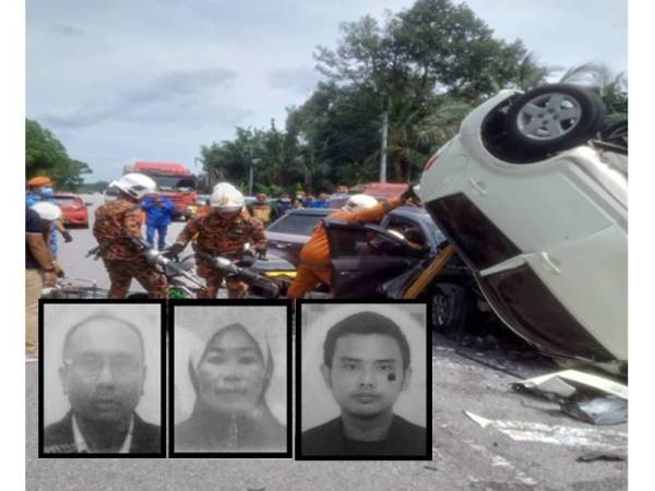 Anggota bomba menjalankan operasi mengeluarkan mangsa yang tersepit di Kampung Klah Baru. Foto: ihsan bomba. Gambar kecil: Mohamed Tahir, Nor Aini dan Muhammad Ridhwan