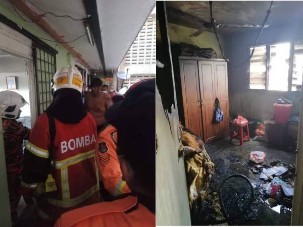 Anggota bomba terlibat dalam kerja memadam kebakaran sebuah unit di Perumahan Awam Sri Terengganu, Kuala Lumpur hari ini. Keadaan bilik yang terbakar di PA Sri Terengganu, Kuala Lumpur hari ini.) - Foto Facebook DBKL