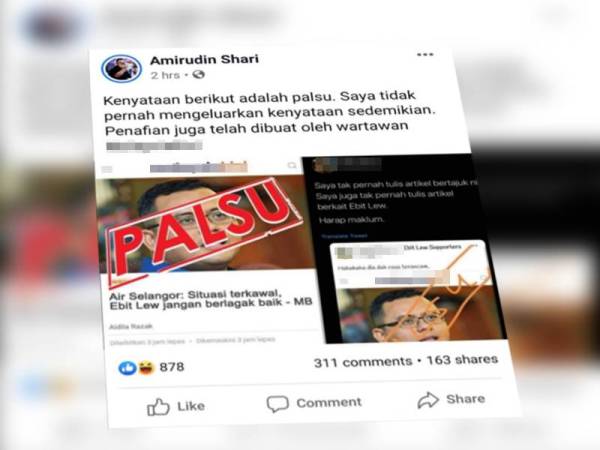 Berita palsu dikongsikan Amirudin di Facebook beliau hari ini.