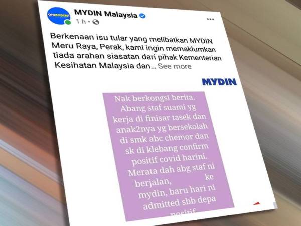 Pihak Mydin mengeluarkan penafian menerusi Facebook rasmi mereka bahawa tiada pesakit Covid-19 yang mengunjungi Pasar Raya Besar Mydin Meru Raya seperti yang tular di media sosial.