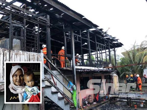 Keadaan rumah dua tingkat separuh kekal hangus dijilat api dalam kebakaran di Lorong Haji Da, Kampung Che Kundur, Batu Burok, Kuala Terengganu petang semalam. (Kecil: Fatin Shuhada bersama bayinya, Nur Ayra Miqayla.)