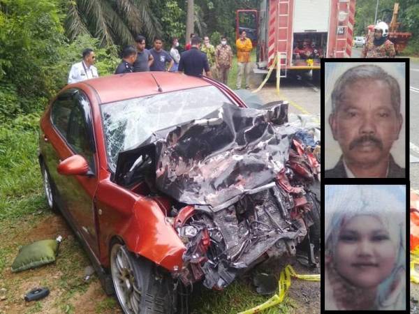 Kereta Proton Gen2 yang dinaiki dua beranak remuk akibat bertembung dengan sebuah pacuan empat roda selepas terbabas kerana cuba mengelak seekor ular sawa melintas di lokasi. - Foto Ihsan pembaca (Mohamed Jenal, Mardiah Mohamed)