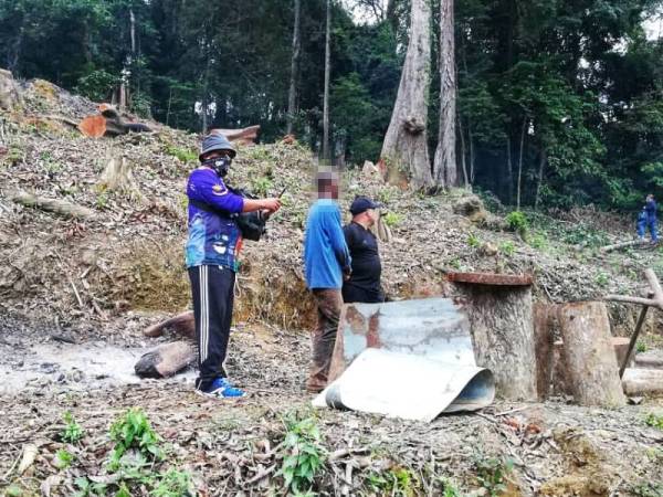 JPNK menahan lelaki yang sedang leka meratakan tanah di Hutan Simpan Gunung Raya, Langkawi, semalam. - Foto ihsan JPNK