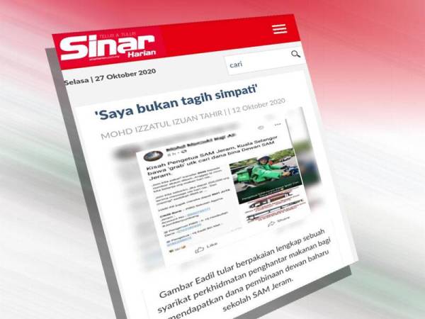 Keratan portal Sinar Harian yang menunjukkan Eadil melakukan gimik dengan berpakaian lengkap sebuah syarikat perkhidmatan penghantar makanan tular di media sosial.