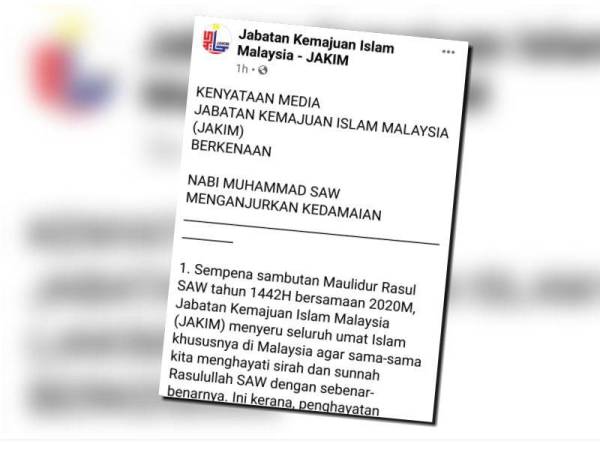 Tangkap layar kenyataan media Jakim yang dimuat naik di Facebook hari ini.