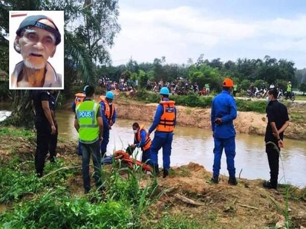 Operasi pencarian turut dilakukan di sekitar Sungai Chepir yang terletak kira-kira 100 meter dari rumah mangsa. Gambar kecil: Ek Liau dilaporkan tidak pulang sejak semalam.