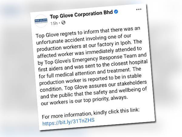 Tangkap layar Facebook Top Glove Corporation Bhd semalam berhubung insiden berkenaan.