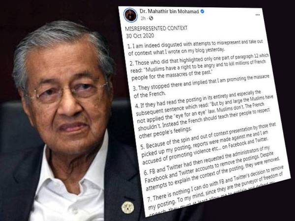 Tangkap layar hantaran Facebook Dr Mahathir Mohamad yang mengulas mengenai reaksi yang diberikan terhadap kenyataannya semalam