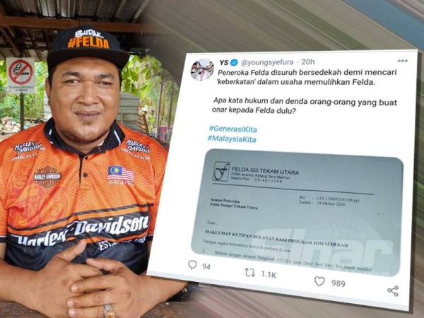 Young Syefura memuat naik surat itu di Twitter miliknya dan mempersoalkan mengenai arahan mewajibkan peneroka bersedekah demi mencari 'keberkatan' dalam usaha memulihkan Felda. Gambar kiri: Asrullah