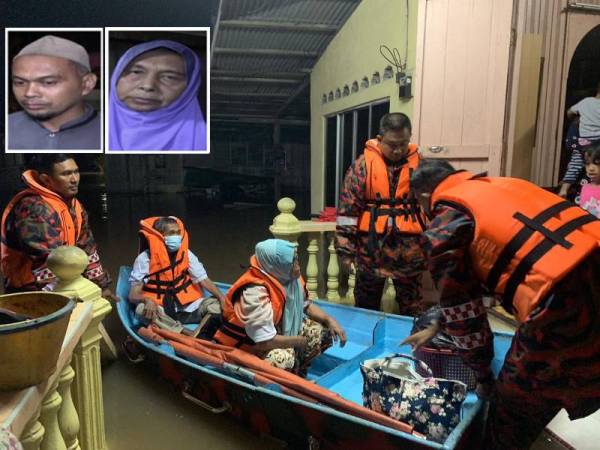 Anggota bomba sedang menyelamatkan mangsa banjir kilat yang terperangkap dalam kejadian di Kampung Binjai, Chendering Kuala Terengganu malam tadi. Gambar kecil:Abdullah dan Tuan Syarifah