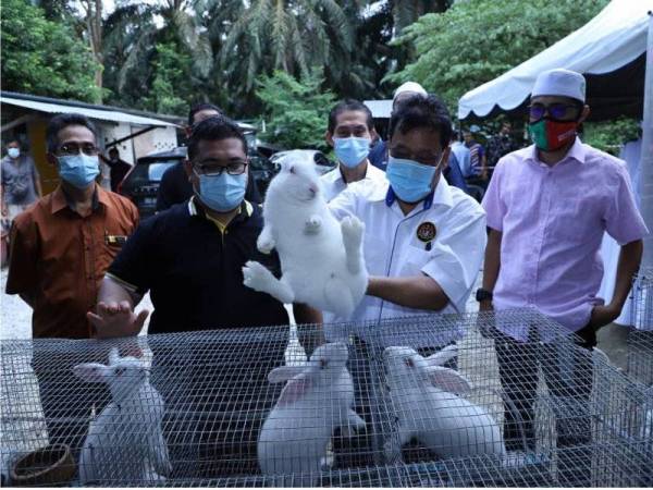 Che Abdullah (dua dari kanan) ketika lawatan kerja di Projek Ternakan Arnab Pedaging FJ Rabbitry Tapah Road di Tapah semalam.