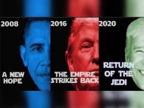 Wajah Biden diletakkan pada poster Return of the Jedi yang diharap membawa sinaran baharu kepada rakyat Amerika. - Foto Agensi