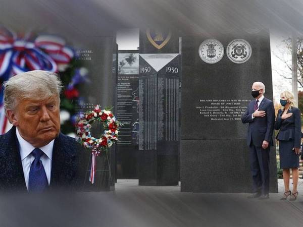 Bakal Presiden Amerika Syarikat, Joe Biden (kanan) hadir pada Hari Veteran di Memorial Perang Korea di Pennsylvania, Philadelphia semalam - Foto AFP