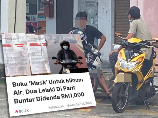 Tular kejadian dua remaja lelaki yang dikatakan dikompaun kerana membuka pelitup muka untuk minum. Gambar kanan, bukti bergambar dan video di tempat kejadian jelas menunjukkan dua remaja lelaki terbabit melanggar pematuhan SOP ditetapkan.