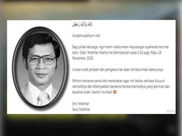 Bekas Ahli Parlimen Tampin, Datuk Mokhtar Hashim menghembuskan nafas terakhir pada jam 3.10 pagi hari ini dipercayai di sebuah hospital di Ampang, Kuala Lumpur.