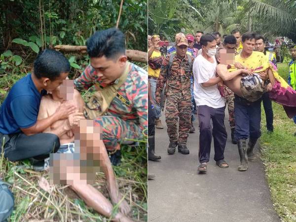 Mangsa ditemukan dalam keadaan lemah oleh pasukan bomba di kawasan kebun getah di Rendang Panjang, Selama hari ini. - Foto: Ihsan PDRM